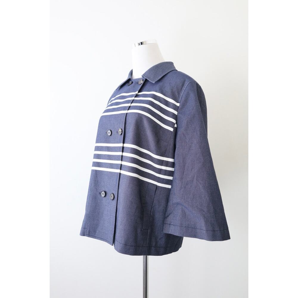 St John Size M Double Breasted Short Swing Jacket Stripe Blue 3/4 Sleeve - Picture 5 of 14